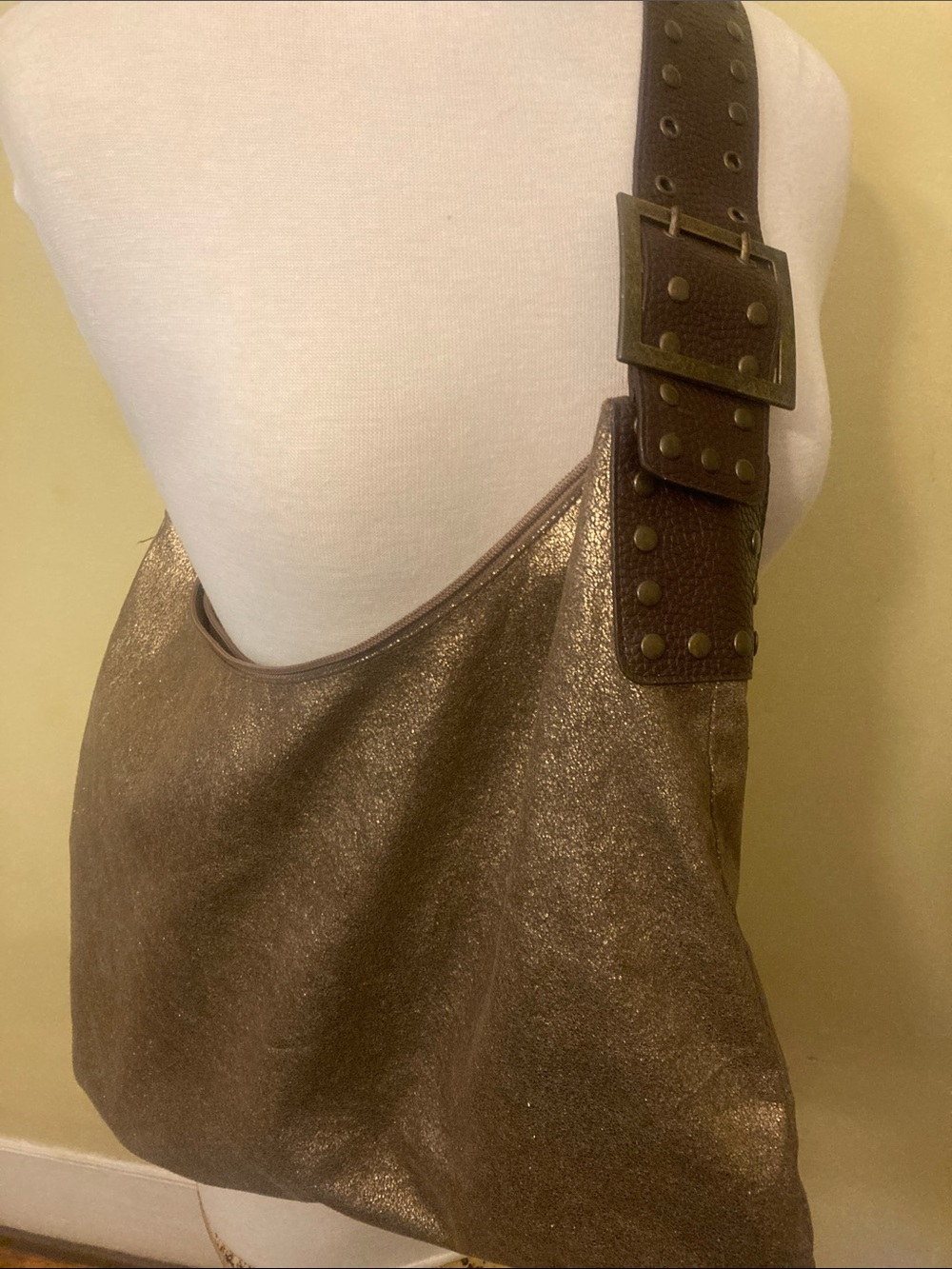 Metallic Bronze Shoulder Hobo with Studded Buckle Strap